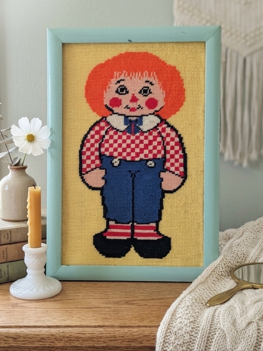 Vintage Raggedy Andy Framed Embroidery Wall Art